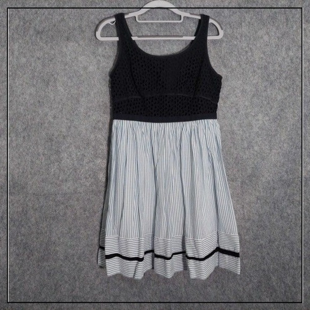Ann Taylor Loft Dress Women 6P Blue Nautical Striped Eyelet Lace Fit Flare